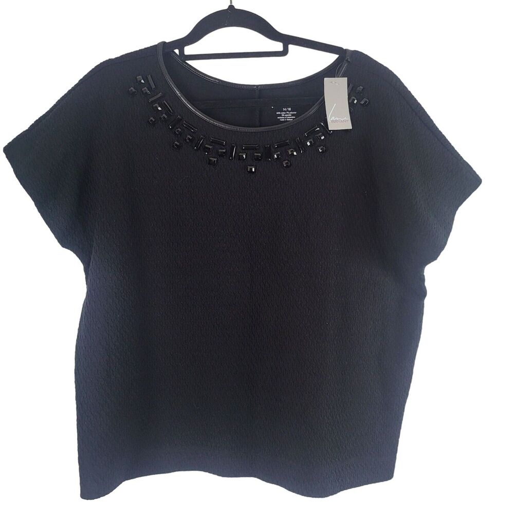 Lane Bryant Cap Sleeve Beaded Top 14/16 Womens Black Pullover Blouse Classic NWT